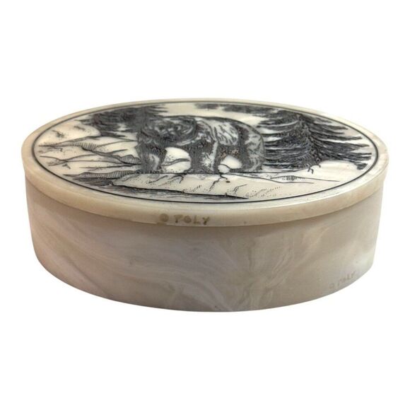 Carved Bear Jewelry Oval Poly Resin Trinket Box With Bear & Forest Engraving VTG - Picture 2 of 8